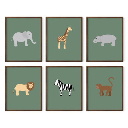 Safari animal nursery art with green background in dark wood frames