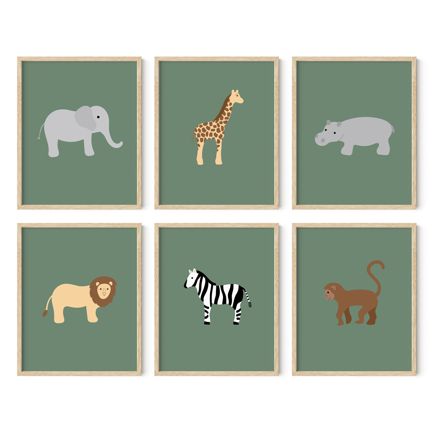 Safari animal nursery art with green background in light wood frames