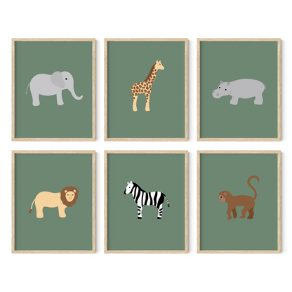 Safari animal nursery art with green background in light wood frames
