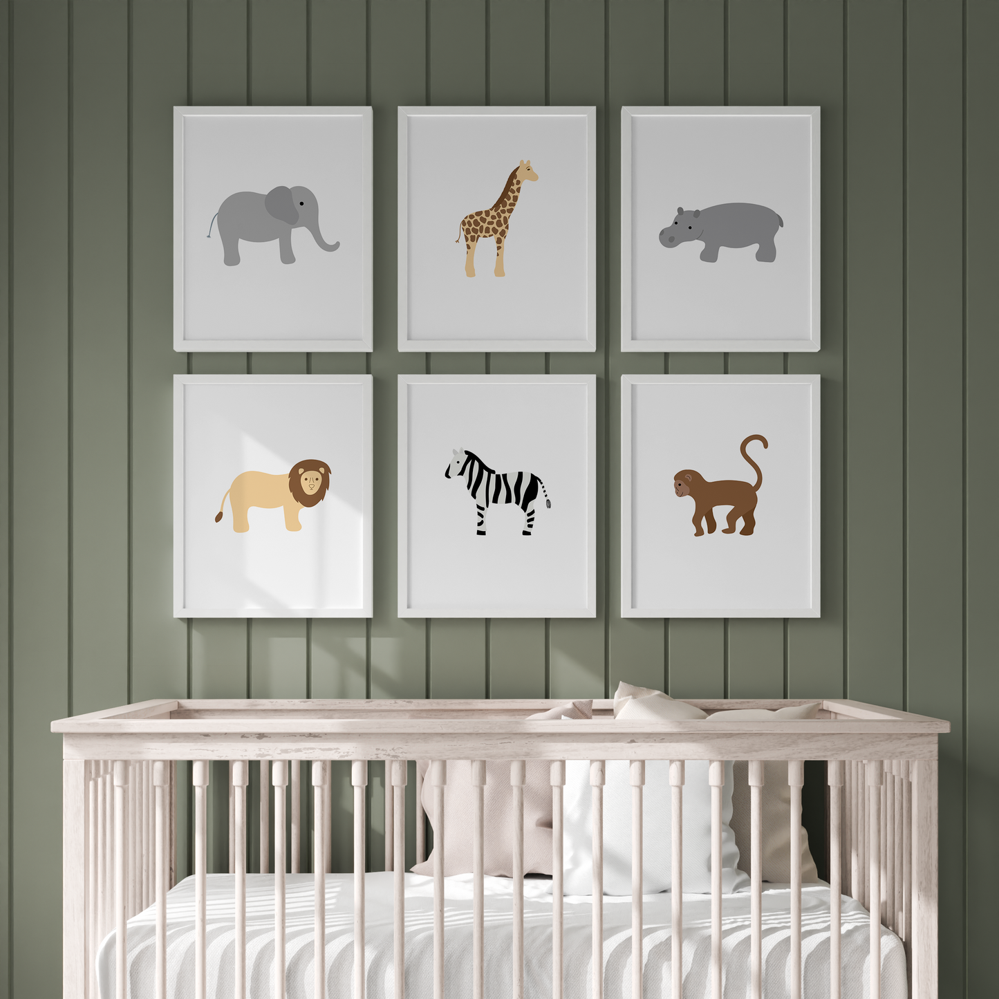 Safari animal nursery prints - elephant, giraffe, hippo. lion, zebra and monkey