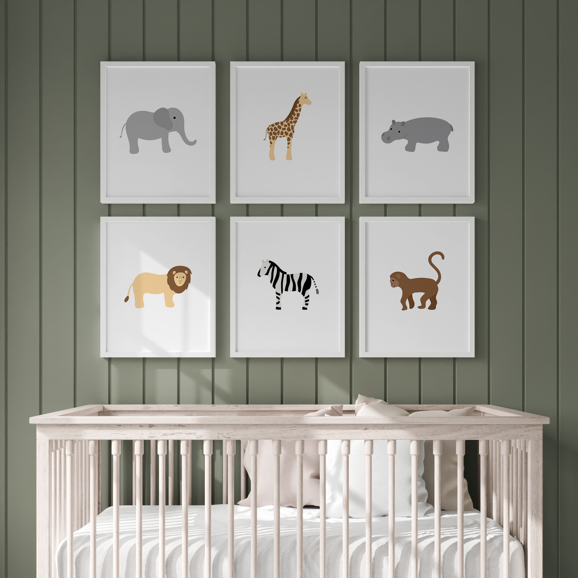 Safari animal nursery prints - elephant, giraffe, hippo. lion, zebra and monkey