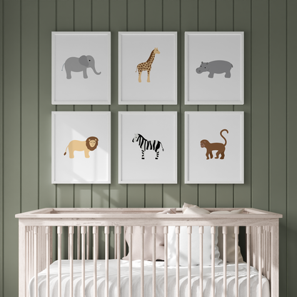 Safari animal nursery prints - elephant, giraffe, hippo. lion, zebra and monkey
