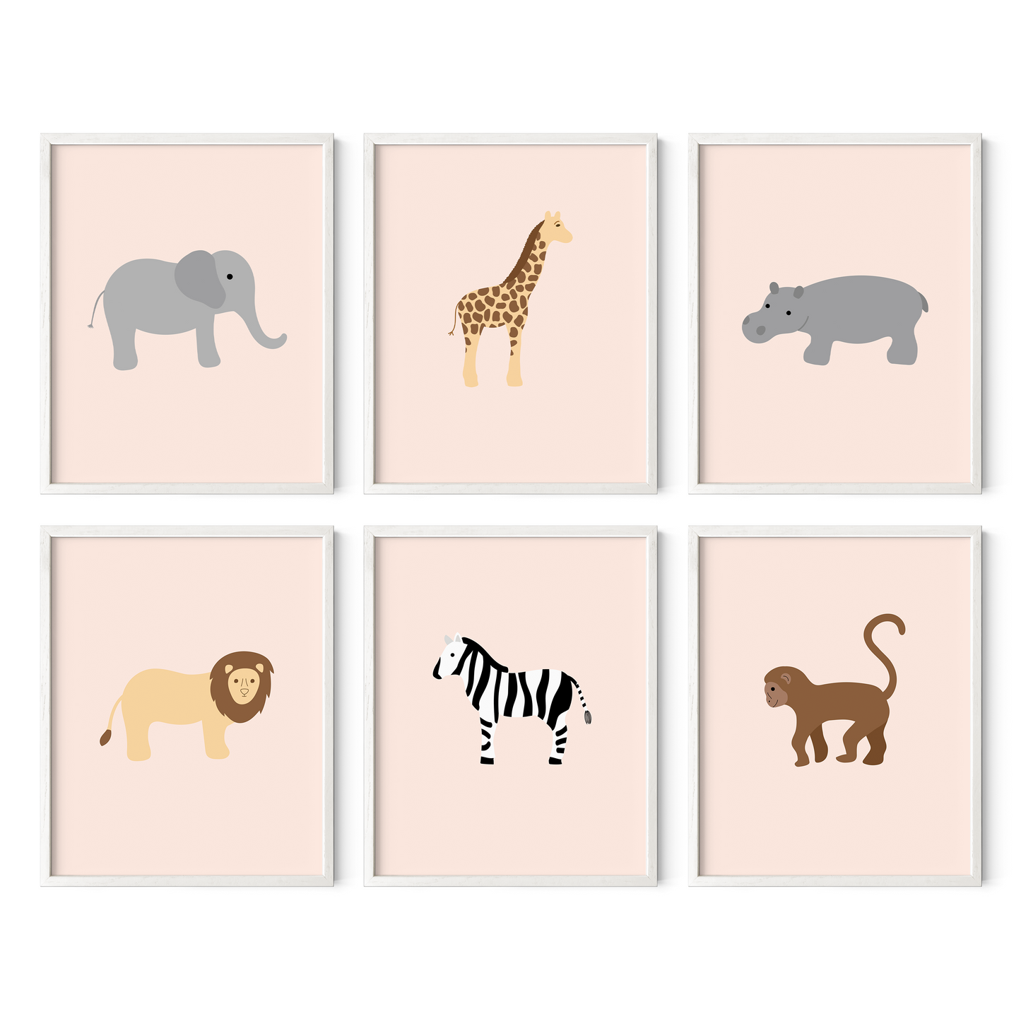 Safari animal themed nursery wall art set with pink background in white frames
