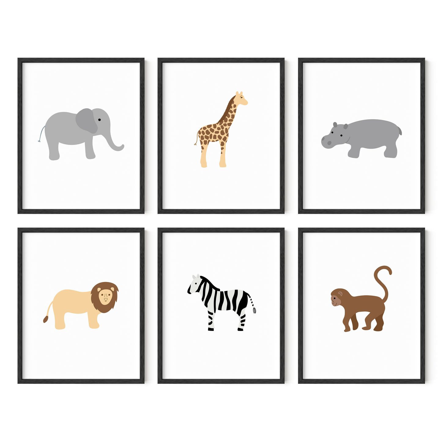 Safari animal wall art set of six in black frames