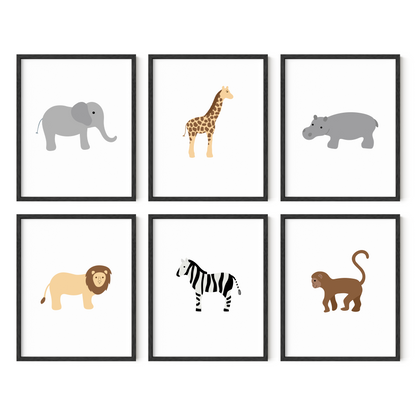 Safari animal wall art set of six in black frames