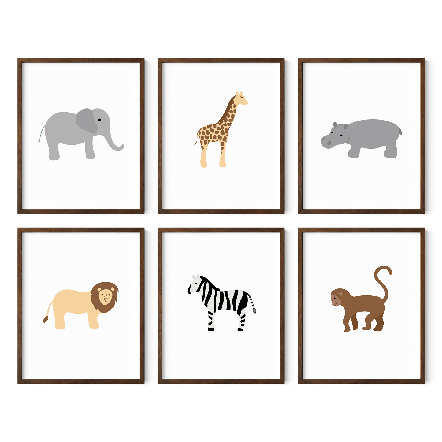 Safari theme nursery art set in dark wood frames