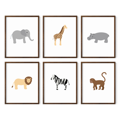 Safari theme nursery art set in dark wood frames