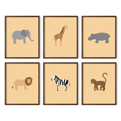 Safari themed artwork set with yellow background in dark walnut frames