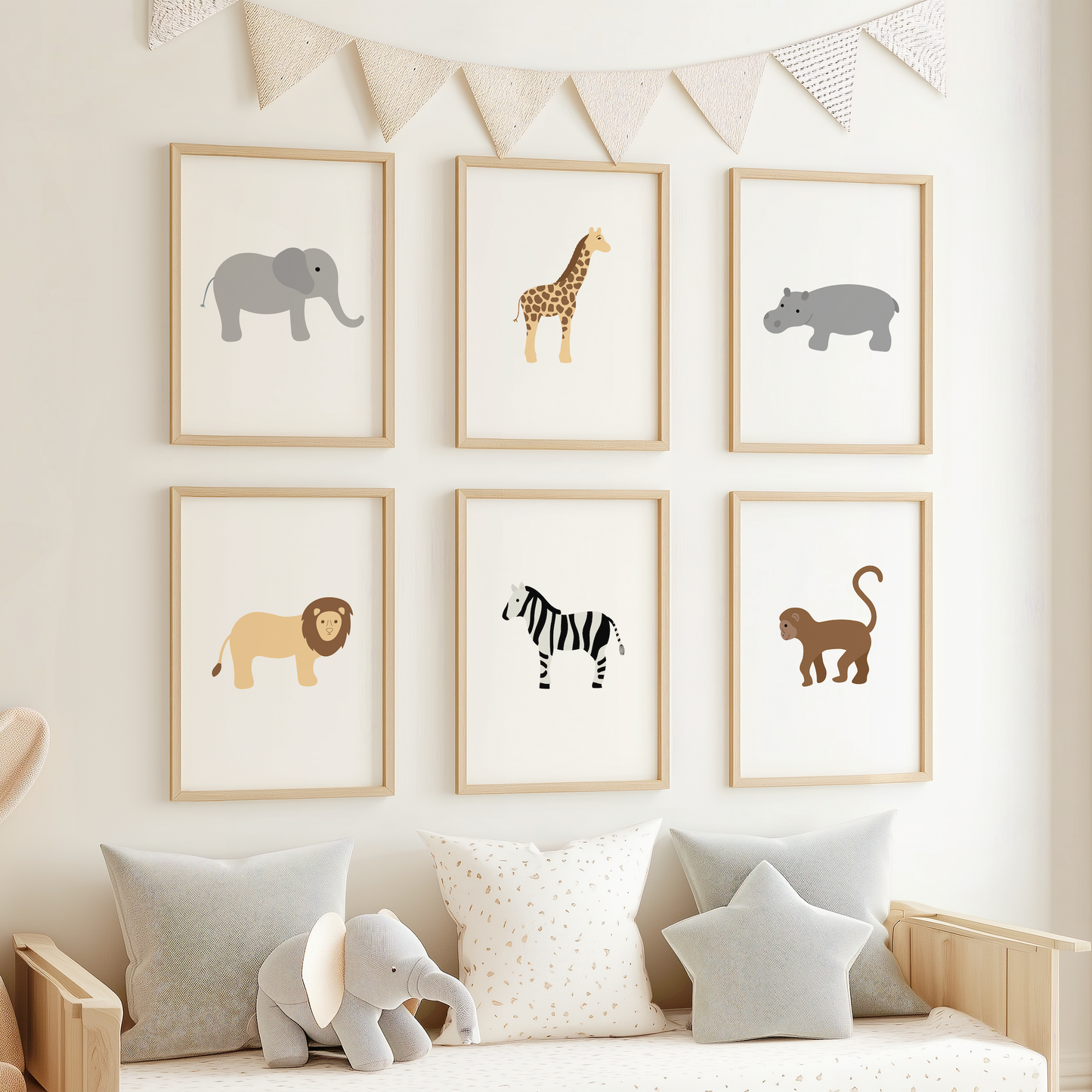 Safari themed wall art in child's room with elephant decor