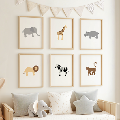 Safari themed wall art in child's room with elephant decor