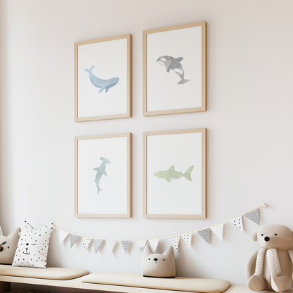 Watercolor Ocean Animal Art Prints (Set of 4)