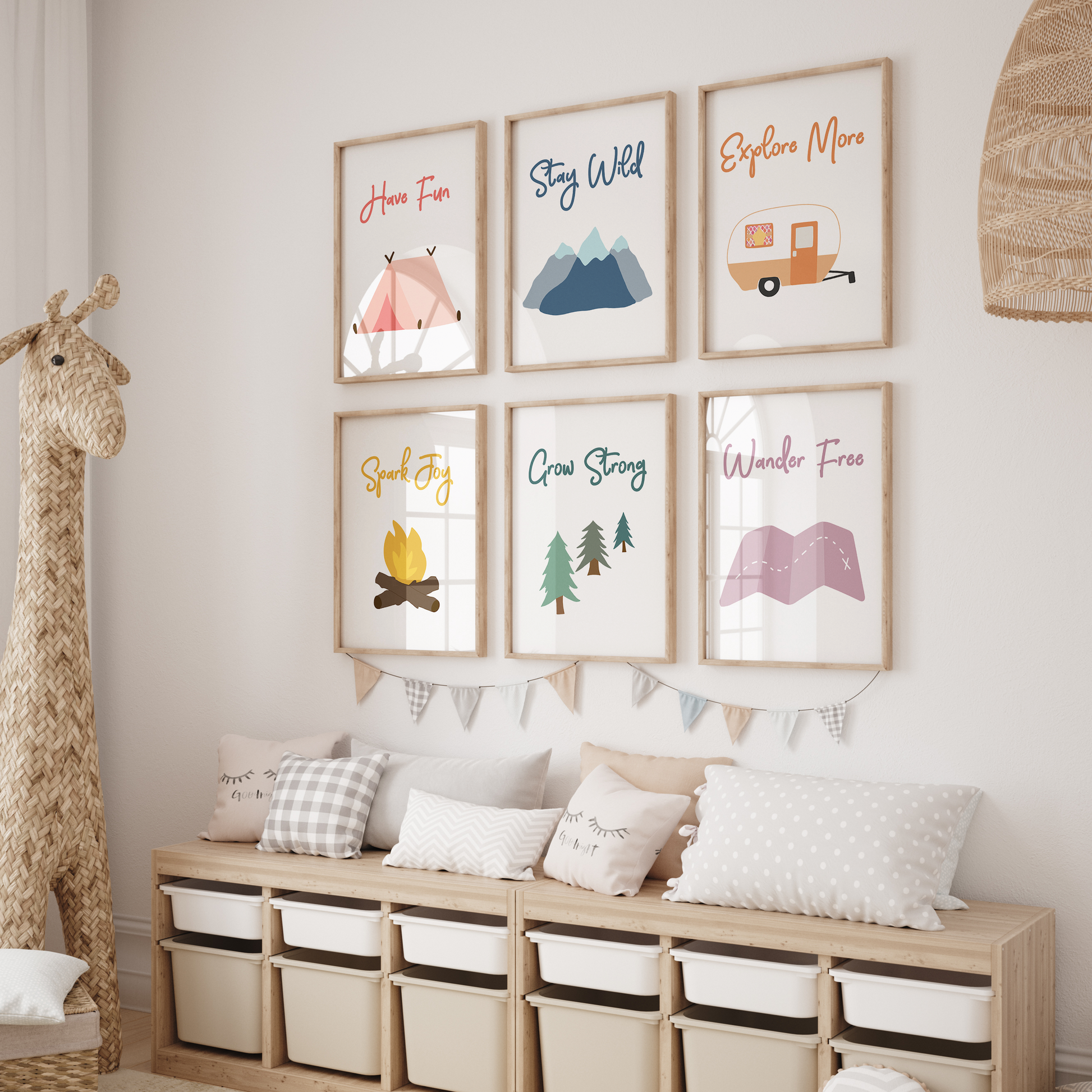 Set of 6 camping art prints in child's room