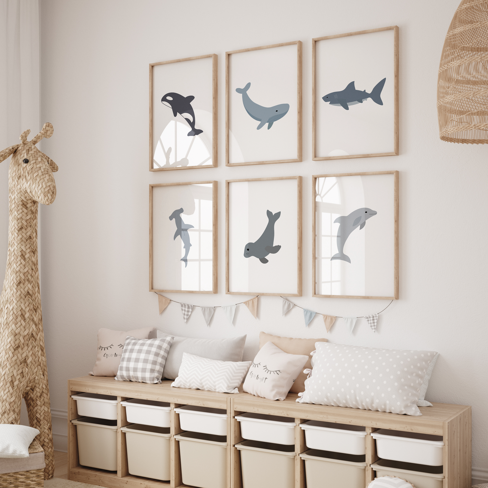 Set of 6 sea animal art prints - orca, whale, sharks, seal, dolphin