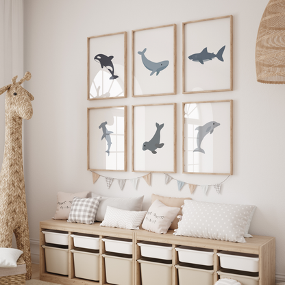 Set of 6 sea animal art prints - orca, whale, sharks, seal, dolphin