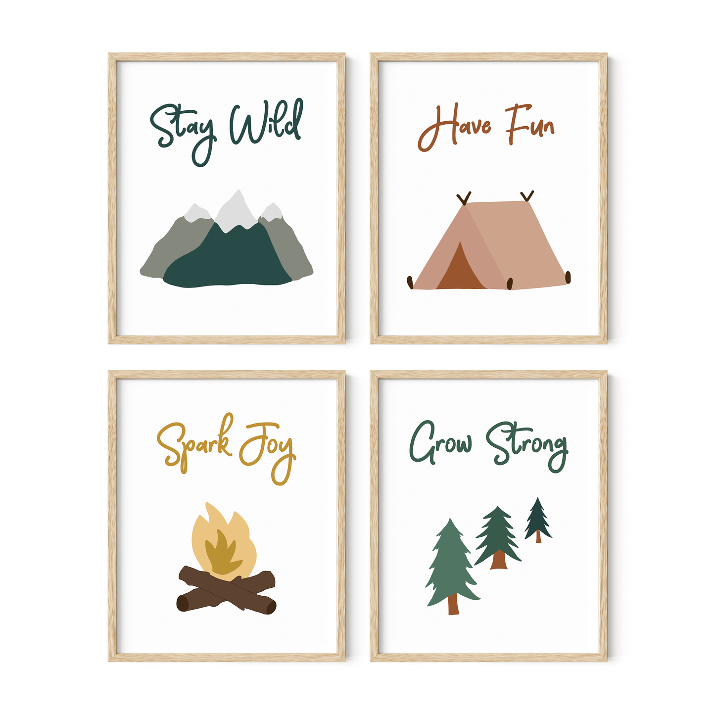Set of four camping artwork in light wood frames