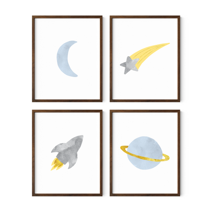 Set of four outer space wall art for boy's room in dark wood frames