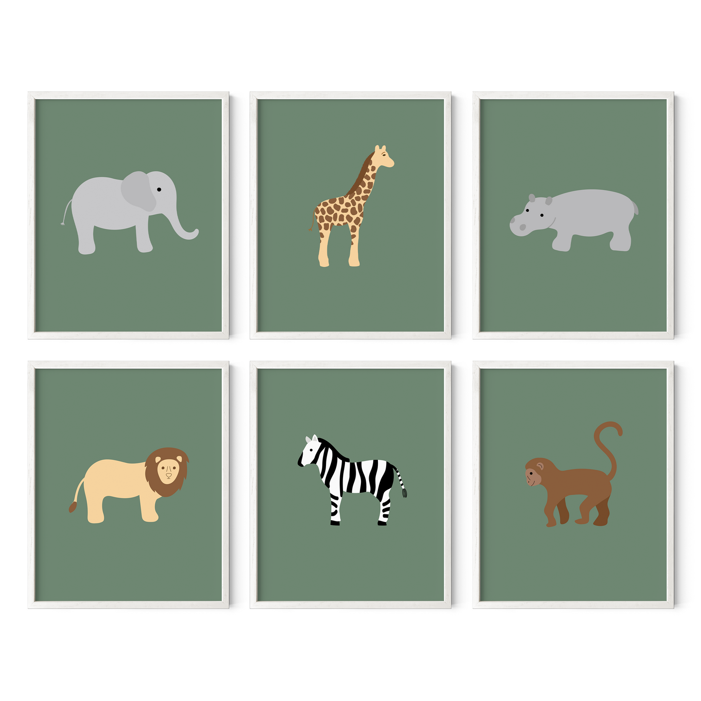 Set of six framed safari animal art prints with green background