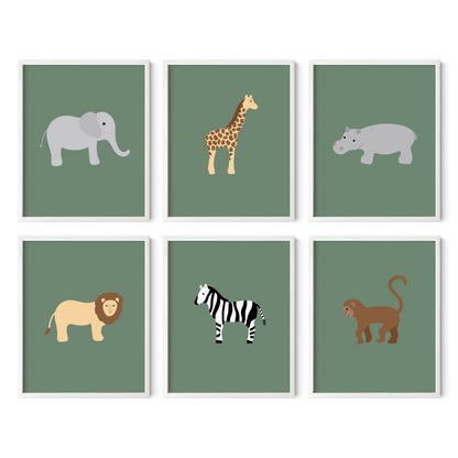 Set of six framed safari animal art prints with green background