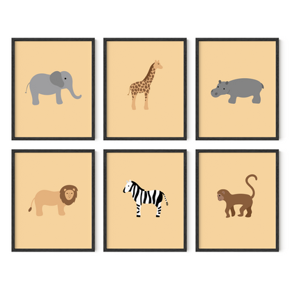 Set of six framed safari art prints with yellow background