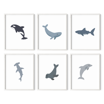 Set of six ocean animal nursery wall art in white frames