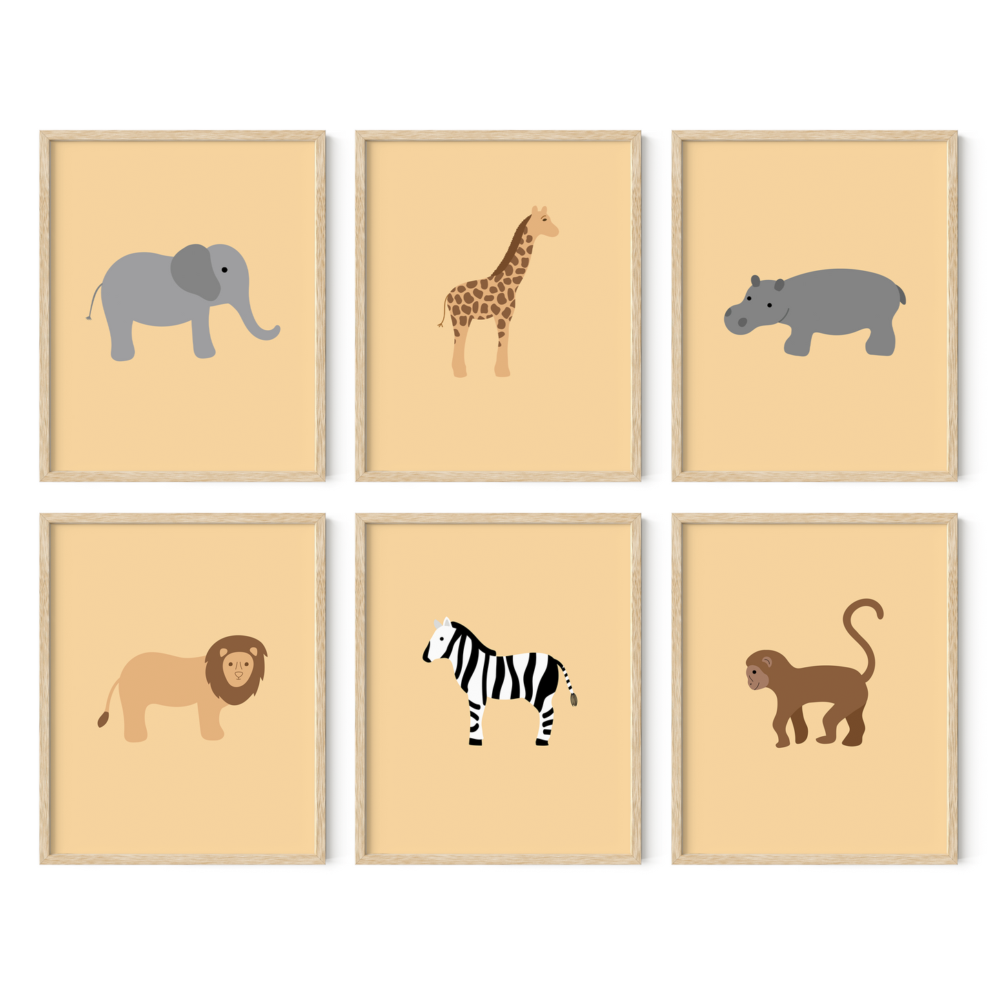 Set of six safari animal wall art with yellow background in light wood frames