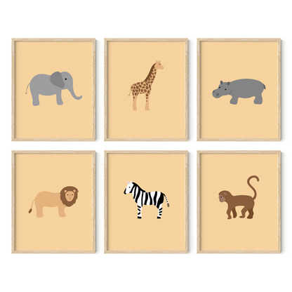 Set of six safari animal wall art with yellow background in light wood frames