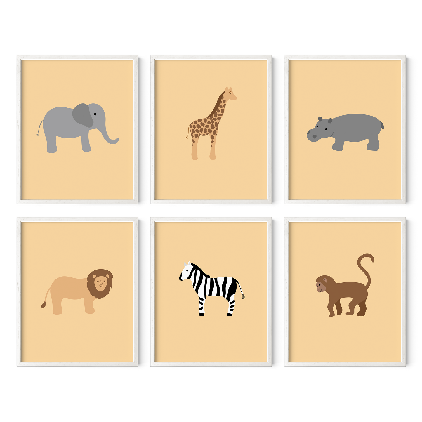 Set of six safari animal wall art with yellow background in white frames