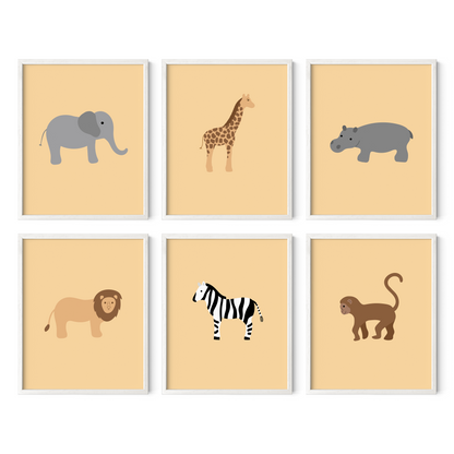 Set of six safari animal wall art with yellow background in white frames