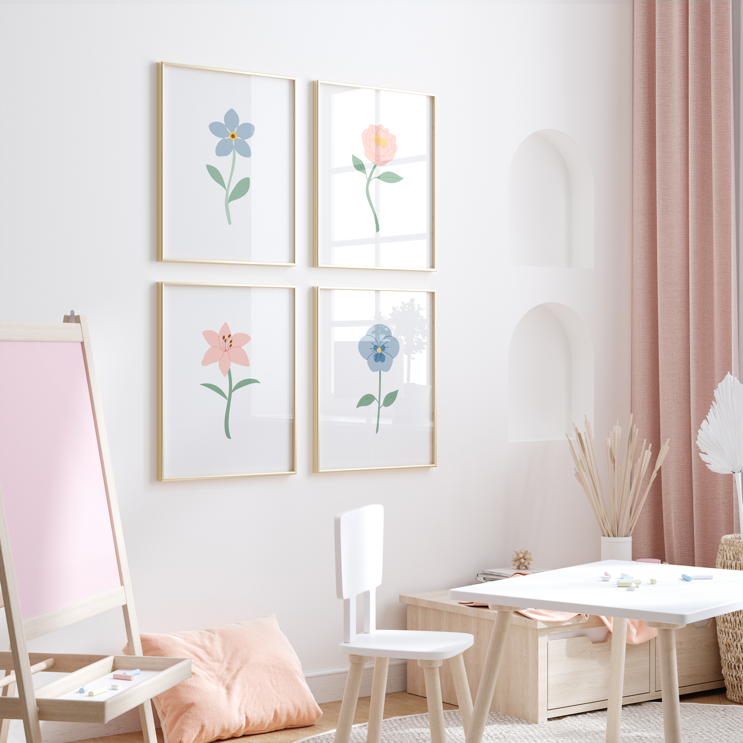 Light Blue and Pink Floral Art Prints (Set of 4)