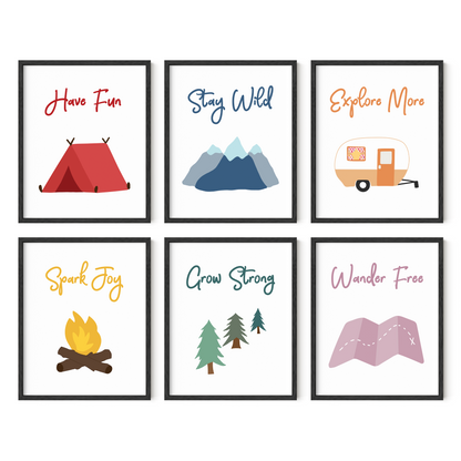 Set of six adventure nursery art prints in black frames
