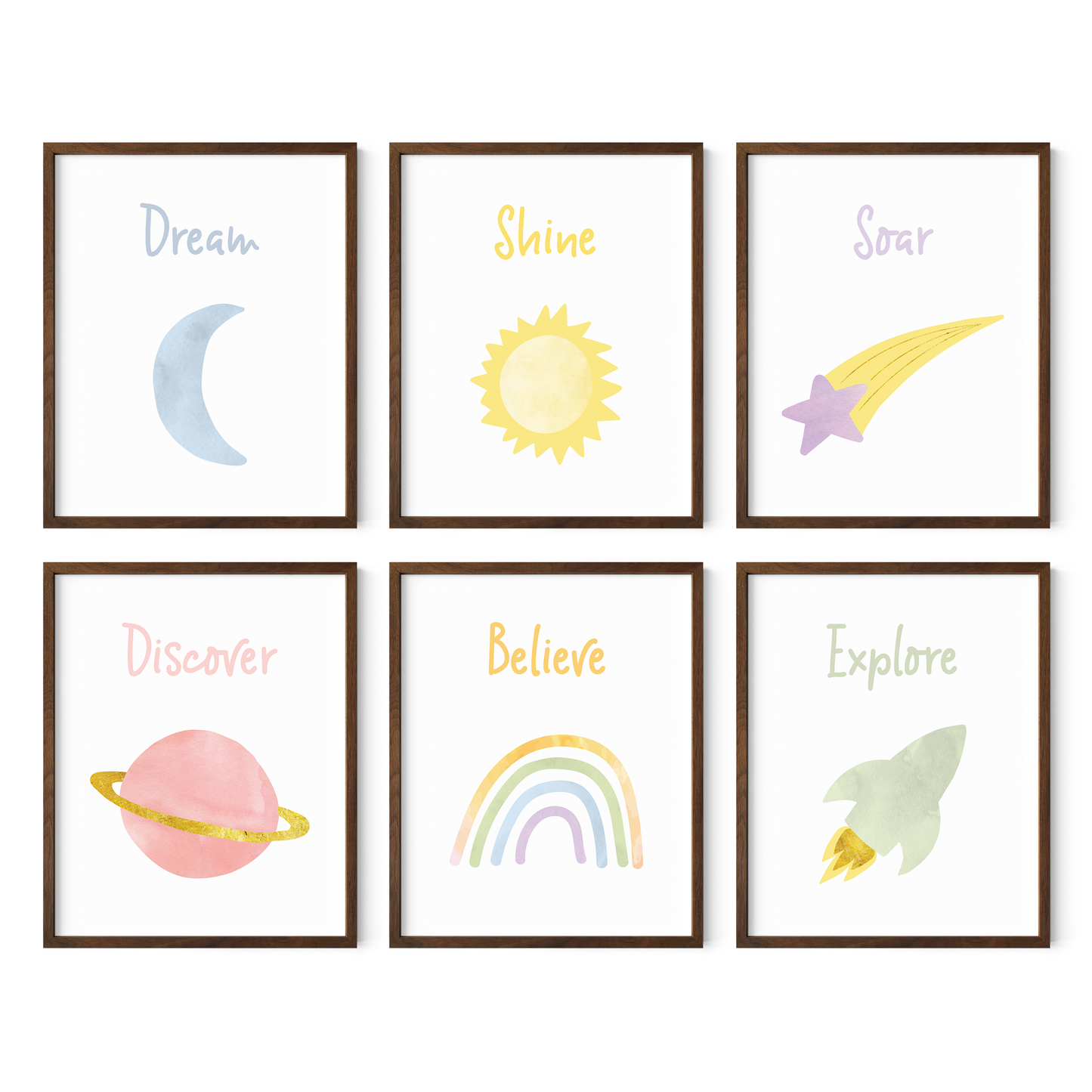 Six framed space themed nursery art prints