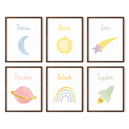 Six framed space themed nursery art prints