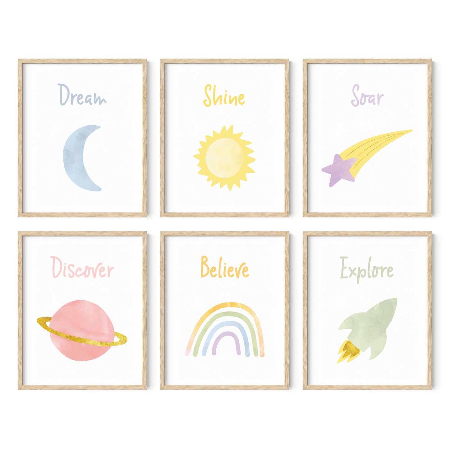 Space themed nursery wall art set in light wood frames