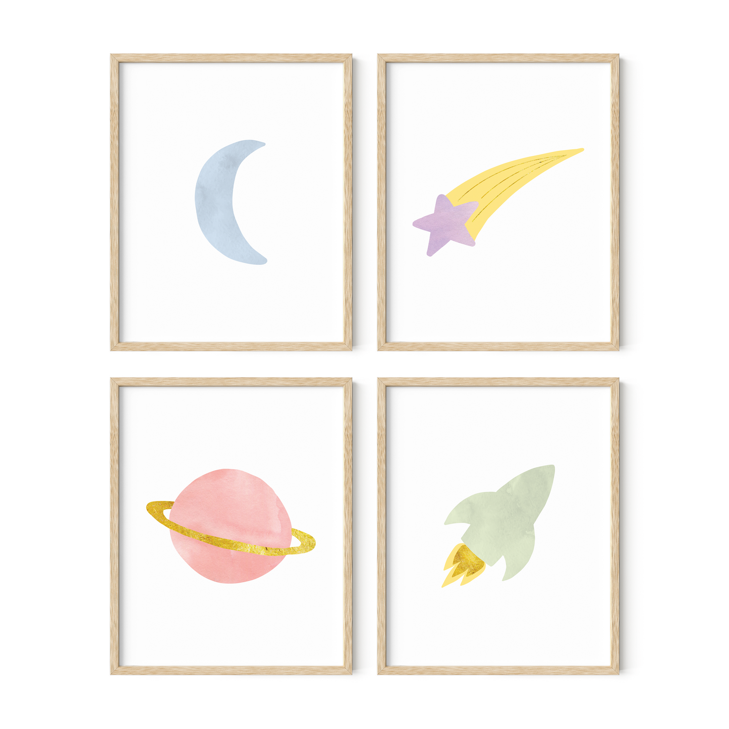 Space themed nursery wall art set of four in light wood frames