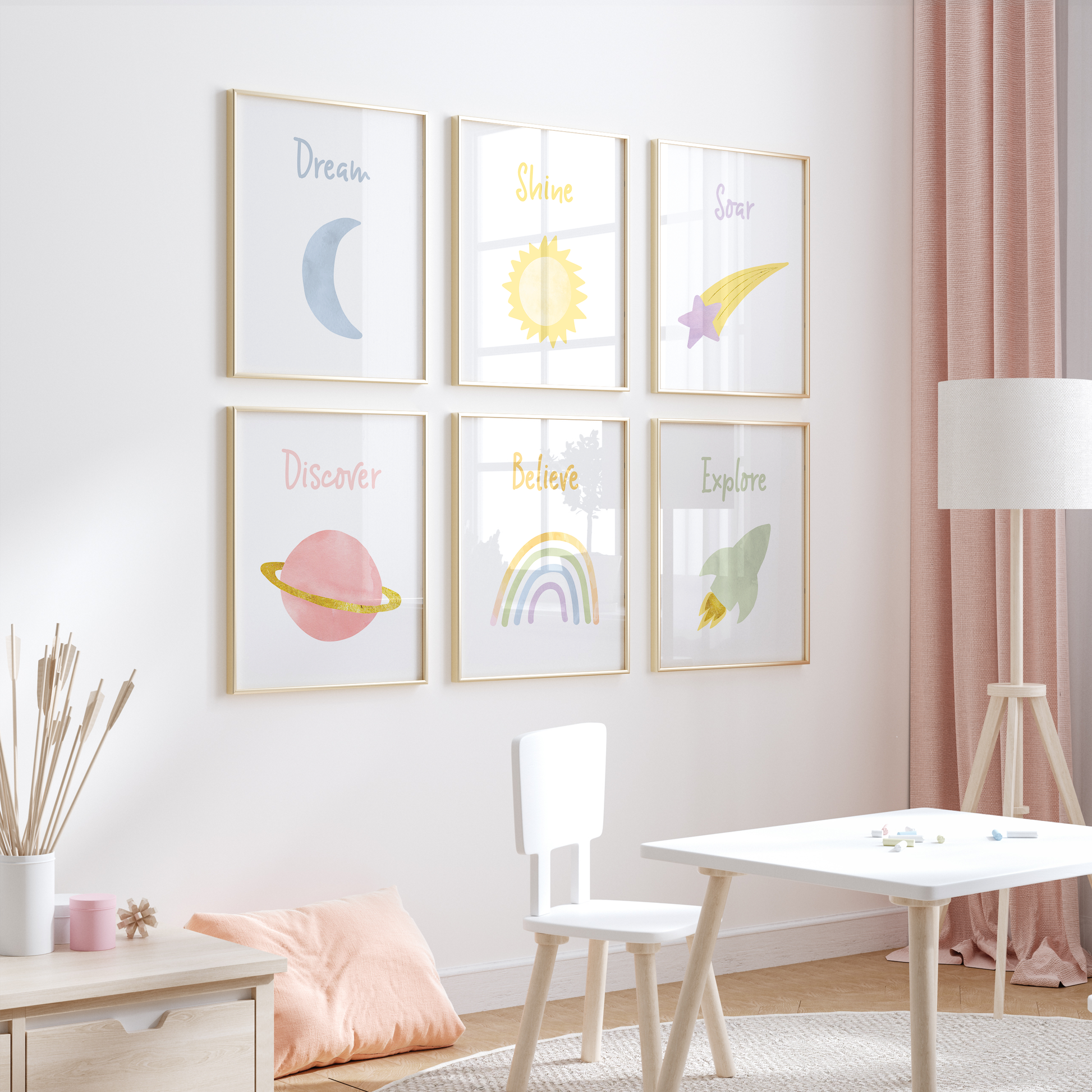 Space wall art in girl's room with pink curtains