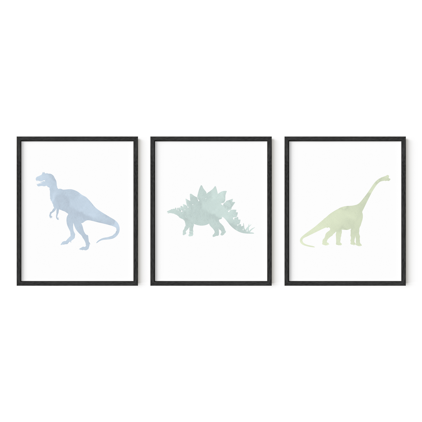 Three framed illustrations of dinosaurs in black frames