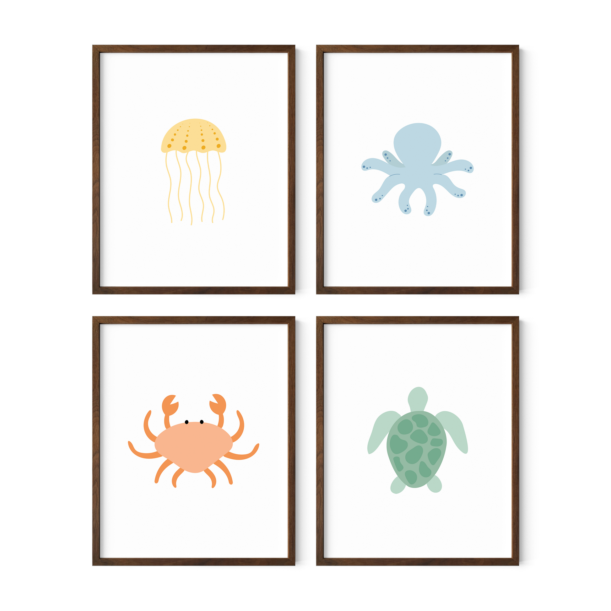 Under the sea nursery wall art set in dark walnut frames