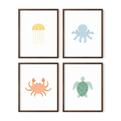 Under the sea nursery wall art set in dark walnut frames