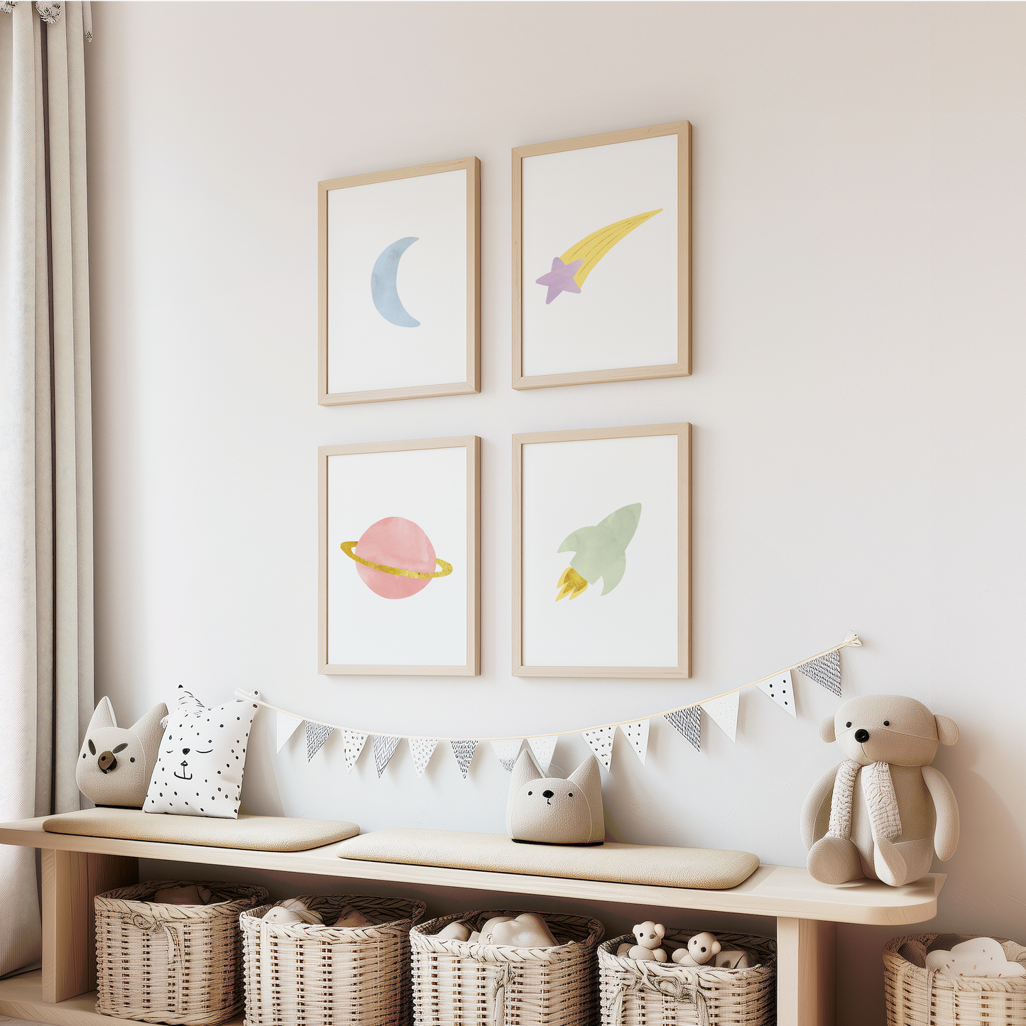 Watercolor space art prints in kids playroom