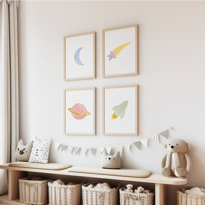 Watercolor space art prints in kids playroom