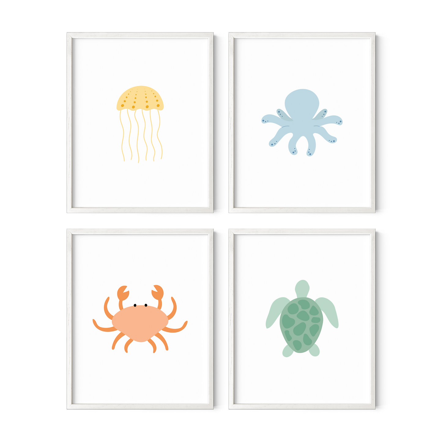 White framed wall art of colorful sea animals for child's room