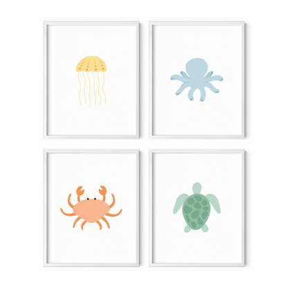 White framed wall art of colorful sea animals for child's room