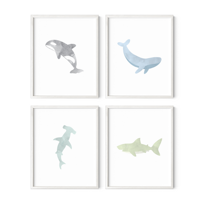 Watercolor Ocean Animal Art Prints (Set of 4)