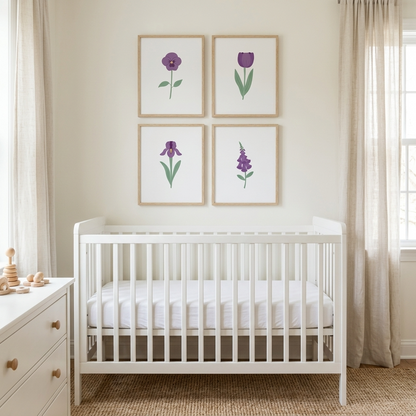 Dark Purple Floral Art Prints (Set of 4)