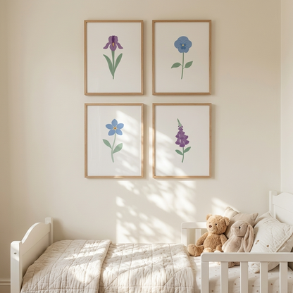 Blue and Purple Floral Art Prints (Set of 4)