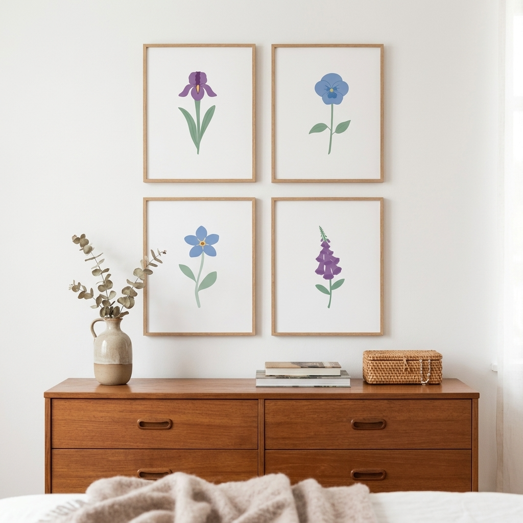 Blue and Purple Floral Art Prints (Set of 4)