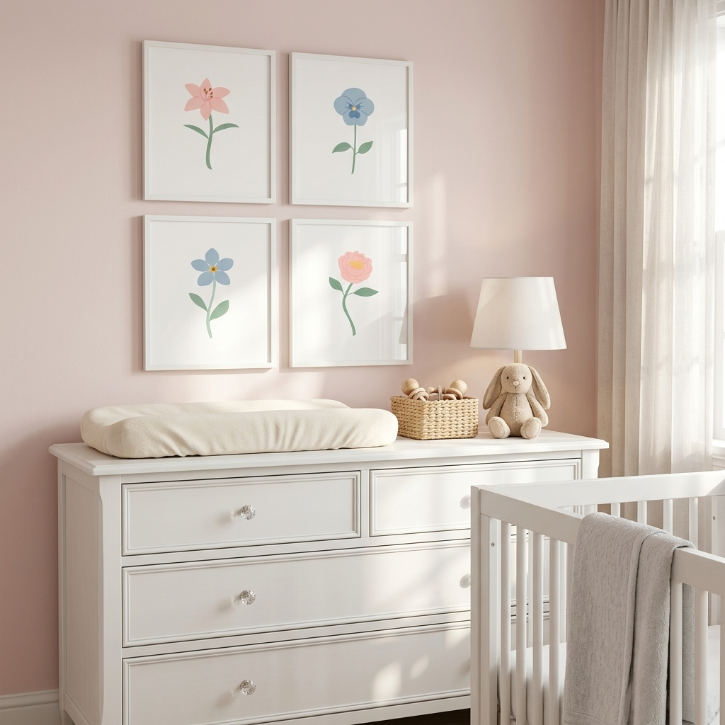 Light Blue and Pink Floral Art Prints (Set of 4)