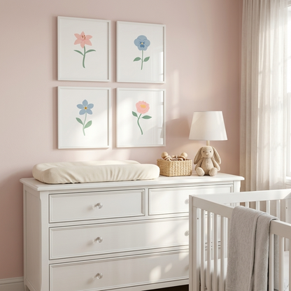 Light Blue and Pink Floral Art Prints (Set of 4)
