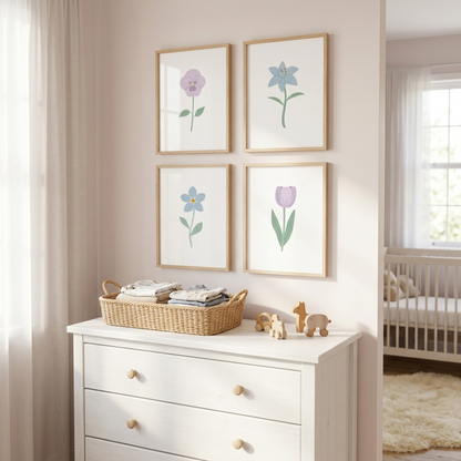 Light Purple and Blue Floral Art Prints (Set of 4)