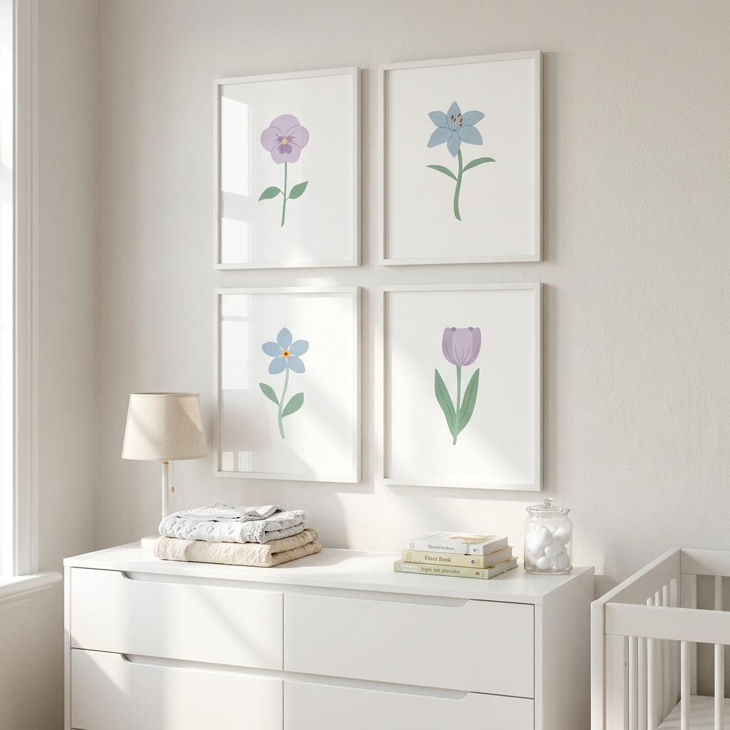 Light Purple and Blue Floral Art Prints (Set of 4)